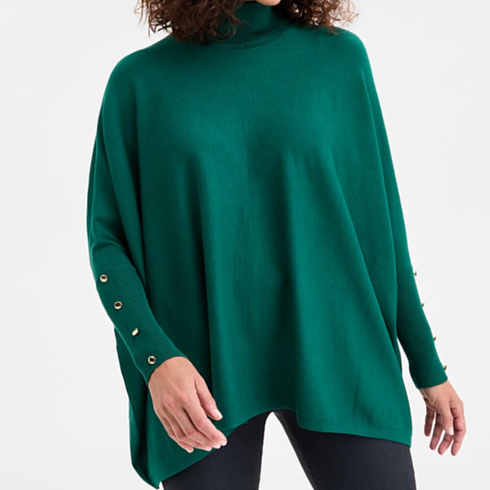 NWT JM Collection. Women’s  Poncho Turtleneck Sweater, Size L Green Magic.